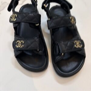CHANEL Black Quilted Leather CC Logo Sandals with Gold Hardware